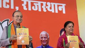 Union finance minister Arun Jaitley and Rajasthan chief minister Vasundhara Raje release the party manifesto for the Rajasthan assembly elections, in Jaipur.(PTI Photo) Union finance minister Arun Jaitley and Rajasthan chief minister Vasundhara Raje release the party manifesto for the Rajasthan assembly elections, in Jaipur.(PTI Photo)