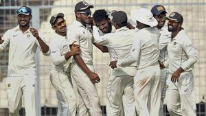 Kerala bowler MD Nidheesh celebrates with his teammates during the Ranji Trophy match against Bengal.(PTI) Kerala bowler MD Nidheesh celebrates with his teammates during the Ranji Trophy match against Bengal.(PTI)