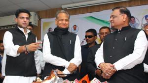 Rajasthan Congress chief Sachin Pilot and former Rajasthan chief minister and Congress general secretary Ashok Gehlot during the release of party manifesto for the Rajasthan State Assembly elections 2018 at Jaipur, Thursday, Nov. 29, 2018.(PTI) Rajasthan Congress chief Sachin Pilot and former Rajasthan chief minister and Congress general secretary Ashok Gehlot during the release of party manifesto for the Rajasthan State Assembly elections 2018 at Jaipur, Thursday, Nov. 29, 2018.(PTI)