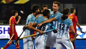 Argentina players celebrate a goal during the field hockey group stage match between Argentina and Spain at the 2018 Hockey World Cup in Bhubaneswar on November 29, 2018(AFP) Argentina players celebrate a goal during the field hockey group stage match between Argentina and Spain at the 2018 Hockey World Cup in Bhubaneswar on November 29, 2018(AFP)