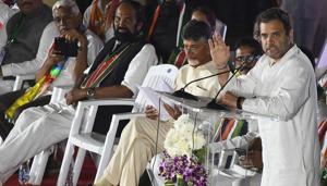 Congress president Rahul Gandhi and his ally, TDP president N Chandrababu Naidu, kept up their attack on the TRS and BJP as campaigning in Telangana shifted into high gear ahead of the December 7 assembly elections.(AFP) Congress president Rahul Gandhi and his ally, TDP president N Chandrababu Naidu, kept up their attack on the TRS and BJP as campaigning in Telangana shifted into high gear ahead of the December 7 assembly elections.(AFP)