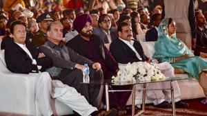 Pakistan's Prime Minister Imran Khan (extreme left), cricketer-turned politician Navjot Singh Sidhu and others during the ceremony for Kartarpur corridor, Pakistan on November 28(PTI) Pakistan's Prime Minister Imran Khan (extreme left), cricketer-turned politician Navjot Singh Sidhu and others during the ceremony for Kartarpur corridor, Pakistan on November 28(PTI)