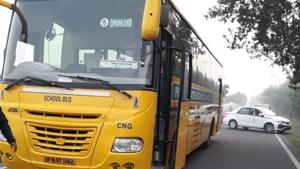 The school bus, allegedly belonging to Pathways School, was empty and on its way to pick up children at the time of the incident.(HT Photo) The school bus, allegedly belonging to Pathways School, was empty and on its way to pick up children at the time of the incident.(HT Photo)