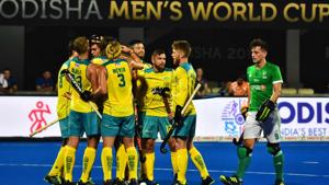 Australia's players celebrate after scoring a goal during the field hockey group stage match between Australia and Ireland at the 2018 Hockey World Cup in Bhubaneswar on November 30, 2018(AFP) Australia's players celebrate after scoring a goal during the field hockey group stage match between Australia and Ireland at the 2018 Hockey World Cup in Bhubaneswar on November 30, 2018(AFP)