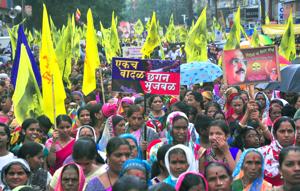 Members of the Other Backwards Class (OBC) community organized a rally in support of former Maharashtra Deputy Chief Minister Chhagan Bhujbal and to counter Maratha community movement in Maharashtra seeking reservation from the government in Nashik(HT File Photo) Members of the Other Backwards Class (OBC) community organized a rally in support of former Maharashtra Deputy Chief Minister Chhagan Bhujbal and to counter Maratha community movement in Maharashtra seeking reservation from the government in Nashik(HT File Photo)