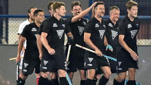 New Zealand (black) player Kane Russell celebrates with teammates after scoring a goal in a match against France (white) for Men's Hockey World Cup 2018, in Bhubaneswar.(PTI) New Zealand (black) player Kane Russell celebrates with teammates after scoring a goal in a match against France (white) for Men's Hockey World Cup 2018, in Bhubaneswar.(PTI)