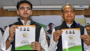 Jaipur: Rajasthan Congress chief Sachin Pilot and former Rajasthan chief minister and Congress general secretary Ashok Gehlot release the party manifesto for the Rajasthan Assembly elections 2018, in Jaipur, Thursday, Nov. 29, 2018. (PTI Photo)(PTI11_29_2018_000016B)(PTI) Jaipur: Rajasthan Congress chief Sachin Pilot and former Rajasthan chief minister and Congress general secretary Ashok Gehlot release the party manifesto for the Rajasthan Assembly elections 2018, in Jaipur, Thursday, Nov. 29, 2018. (PTI Photo)(PTI11_29_2018_000016B)(PTI)