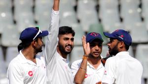 Gujarat's Bowler Chintan Gaja taken 4 wickets against Mumbai during Ranji Trophy match at Wankhede Stadium in Mumbai, India, on Friday, November 30, 2018(Hindustan Times) Gujarat's Bowler Chintan Gaja taken 4 wickets against Mumbai during Ranji Trophy match at Wankhede Stadium in Mumbai, India, on Friday, November 30, 2018(Hindustan Times)