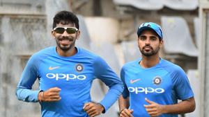 Indian cricketers (L to R) Jasprit Bumrah and Bhuvneshwar Kumar during a training session.(AFP) Indian cricketers (L to R) Jasprit Bumrah and Bhuvneshwar Kumar during a training session.(AFP)