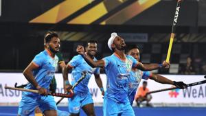 Mandeep Singh celebrates with teammates after a goal score against South Africa during the field hockey group stage match between India and South Africa at the 2018 Hockey World Cup.(AFP) Mandeep Singh celebrates with teammates after a goal score against South Africa during the field hockey group stage match between India and South Africa at the 2018 Hockey World Cup.(AFP)
