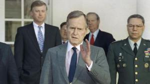 President George HW Bush talks to reporters in the Rose Garden of the White House after meeting with top military advisors to discuss the Persian Gulf War in this Feb. 11, 1991 photo.(AP File) President George HW Bush talks to reporters in the Rose Garden of the White House after meeting with top military advisors to discuss the Persian Gulf War in this Feb. 11, 1991 photo.(AP File)