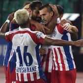 Manuel Lanzarote celebrates with teammates after scoring his 2nd goal.(PTI) Manuel Lanzarote celebrates with teammates after scoring his 2nd goal.(PTI)