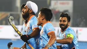 India's Simranjeet Singh (L) with teammates celebrate after scoring a goal against Belgium.(AFP) India's Simranjeet Singh (L) with teammates celebrate after scoring a goal against Belgium.(AFP)