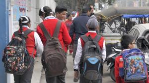 Ludhiana, India – November 27, 2018 : Students carrying heavy school bags outside BCM Arya Model Senior Secondary School, Shastri Nagar, in Ludhiana on Tuesday, November 27, 2018. (Photo by Gurminder Singh/Hindustan Times) Ludhiana, India – November 27, 2018 : Students carrying heavy school bags outside BCM Arya Model Senior Secondary School, Shastri Nagar, in Ludhiana on Tuesday, November 27, 2018. (Photo by Gurminder Singh/Hindustan Times)
