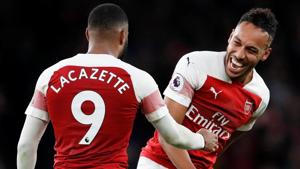 Arsenal's Alexandre Lacazette and Pierre-Emerick Aubameyang celebrate after the match.(REUTERS) Arsenal's Alexandre Lacazette and Pierre-Emerick Aubameyang celebrate after the match.(REUTERS)