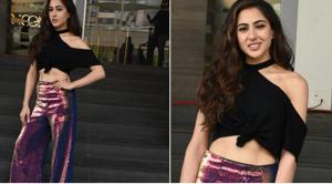 Sara Ali Khan wore a cold-shoulder crop top and metallic pants at Simmba Trailer launch(Viral Bhayani) Sara Ali Khan wore a cold-shoulder crop top and metallic pants at Simmba Trailer launch(Viral Bhayani)