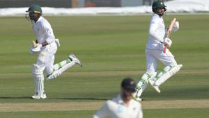 Pakistani batsmen Azhar Ali (R) and Haris Sohail run between the wickets during the second day of the third and final Test cricket match between Pakistan and New Zealand at the Sheikh Zayed International Cricket Stadium in Abu Dhabi on December 4, 2018.(AFP) Pakistani batsmen Azhar Ali (R) and Haris Sohail run between the wickets during the second day of the third and final Test cricket match between Pakistan and New Zealand at the Sheikh Zayed International Cricket Stadium in Abu Dhabi on December 4, 2018.(AFP)