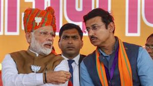 Rajasthan assembly election 2018: Prime Minister Narendra Modi and Union sports minister Rajyawardhan Singh Rathore during an election rally ahead of the Assembly polls, in Jaipur, Tuesday, Dec. 4, 2018.(PTI) Rajasthan assembly election 2018: Prime Minister Narendra Modi and Union sports minister Rajyawardhan Singh Rathore during an election rally ahead of the Assembly polls, in Jaipur, Tuesday, Dec. 4, 2018.(PTI)