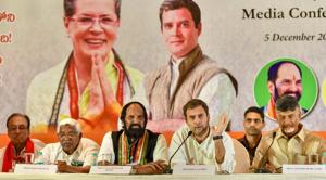 Congress president Rahul Gandhi flanked by Andhra Pradesh chief minister N Chandrababu Naidu (R) and TPCC president N Uttam Kumar Reddy at a joint media conference in Telangana’s Hyderabad on Wednesday. Also seen are Telangana Jana Samiti (TJS) chief Prof M Kodandaram (2nd L) and CPI General-Secretary S Sudhakar Reddy (L).(PTI)