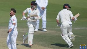 New Zealand captain Kane Williamson (2nd L) and teammate Henry Nicholls (R) run between wickets next to Pakistani spinner Yasir Shah during the fourth day of the third and final Test cricket match between Pakistan and New Zealand(AFP) New Zealand captain Kane Williamson (2nd L) and teammate Henry Nicholls (R) run between wickets next to Pakistani spinner Yasir Shah during the fourth day of the third and final Test cricket match between Pakistan and New Zealand(AFP)