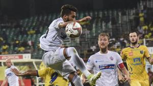 Kerala Blasters FC players (in yellow) and FC Pune City in action during the 5th season of Indian Super League (ISL) 2018, at Jawaharlal Nehru International Stadium in Kochi.(PTI) Kerala Blasters FC players (in yellow) and FC Pune City in action during the 5th season of Indian Super League (ISL) 2018, at Jawaharlal Nehru International Stadium in Kochi.(PTI)