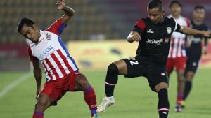 Redeem Tlang of North East United FC, right, and Ricky Lallawmawma of Ateletico de Kolkata, left, fight for the ball during the Hero Indian Super League.(AP) Redeem Tlang of North East United FC, right, and Ricky Lallawmawma of Ateletico de Kolkata, left, fight for the ball during the Hero Indian Super League.(AP)