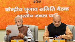 Prime Minister Narendra Modi and BJP president Amit Shah during the party's Central Election Committee meeting for the forthcoming Assembly polls in Rajasthan, at party headquarters in New Delhi on Sunday.(PTI) Prime Minister Narendra Modi and BJP president Amit Shah during the party's Central Election Committee meeting for the forthcoming Assembly polls in Rajasthan, at party headquarters in New Delhi on Sunday.(PTI)