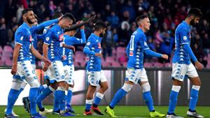 Napoli's players celebrate after scoring during the Italian Serie A football match between Napoli and Frosinone at the San Paolo stadium in Naples on December 8, 2018(AFP) Napoli's players celebrate after scoring during the Italian Serie A football match between Napoli and Frosinone at the San Paolo stadium in Naples on December 8, 2018(AFP)