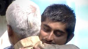 Deepak Thakur greets his father with a warm hug.(Twitter) Deepak Thakur greets his father with a warm hug.(Twitter)