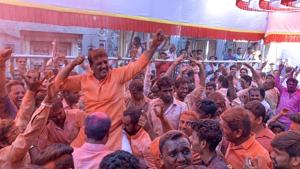 Shiv Sena workers celebrate their victory in Ahmednagar.(HT) Shiv Sena workers celebrate their victory in Ahmednagar.(HT)