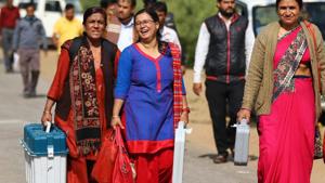 Election officials leave after collecting their Electronic Voting Machine (EVM) from an EVM distribution centre ahead of Rajasthan Assembly elections, at Bhawani Niketan in Jaipur(File Photo) Election officials leave after collecting their Electronic Voting Machine (EVM) from an EVM distribution centre ahead of Rajasthan Assembly elections, at Bhawani Niketan in Jaipur(File Photo)
