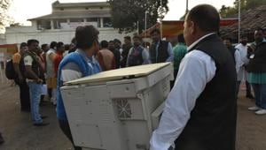 Preparations in full swing at the counting centre at Old Central Jail, in Bhopal, Madhya Pradesh on December 10.(Mujeeb Faruqui/HT Photo) Preparations in full swing at the counting centre at Old Central Jail, in Bhopal, Madhya Pradesh on December 10.(Mujeeb Faruqui/HT Photo)