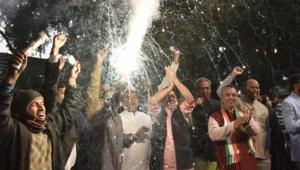 Congress party workers celebration after congress gets lead in state elections at AICC.(Sanjeev Verma/Hindustan Times) Congress party workers celebration after congress gets lead in state elections at AICC.(Sanjeev Verma/Hindustan Times)