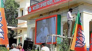 Workers put up sound systems and digital screen at the BJP office in Jaipur on the eve of counting of votes(HT Photo) Workers put up sound systems and digital screen at the BJP office in Jaipur on the eve of counting of votes(HT Photo)