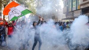 Jabalpur: Congress workers waves the party flag to celebrate the party's performance in Assembly elections in Rajasthan, Chhattisgarh and Madhya Pradesh, in Jabalpur, Tuesday, Dec. 11, 2018. (PTI Photo)(PTI) Jabalpur: Congress workers waves the party flag to celebrate the party's performance in Assembly elections in Rajasthan, Chhattisgarh and Madhya Pradesh, in Jabalpur, Tuesday, Dec. 11, 2018. (PTI Photo)(PTI)