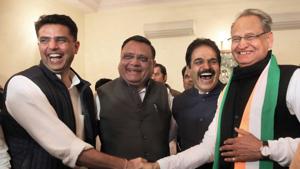 Rajasthan Congress president Sachin PIlot and Former CM Ashok Gehlot congratulate each other for victory of congress, along with central observers Avinash PAndey and VEnugopal, after a press conference, in Jaipur, Rajasthan, India, on 11 December 2018.(Himanshu Vyas/HT Photo) Rajasthan Congress president Sachin PIlot and Former CM Ashok Gehlot congratulate each other for victory of congress, along with central observers Avinash PAndey and VEnugopal, after a press conference, in Jaipur, Rajasthan, India, on 11 December 2018.(Himanshu Vyas/HT Photo)