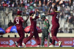 West Indies cricketer Oshane Thomas (R) celebrates with his teammates after the dismissal of the Bangladesh cricketer Mushfiqur Rahim (2R) during the second One Day International (ODI) between Bangladesh and West Indies.(AFP) West Indies cricketer Oshane Thomas (R) celebrates with his teammates after the dismissal of the Bangladesh cricketer Mushfiqur Rahim (2R) during the second One Day International (ODI) between Bangladesh and West Indies.(AFP)