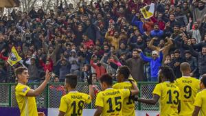 Real Kashmir FC players celebrate a goal against Shillong Lajong FC during their I - League football match in Srinagar.(PTI) Real Kashmir FC players celebrate a goal against Shillong Lajong FC during their I - League football match in Srinagar.(PTI)