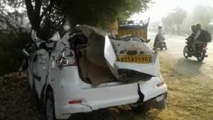 (Representative image) A view of the crushed car after an accident took place between Maruti Ertiga and Mahindra Bolero Pik-Up, at Rewari-Mahendragarh road, near Saharanwas village, in Gurugram, India, on Monday, December 10, 2018.(HT Photo)