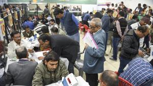 Counting of votes for the Assembly elections in progress at a counting centre in Indore, Madhya Pradesh on Tuesday.(PTI) Counting of votes for the Assembly elections in progress at a counting centre in Indore, Madhya Pradesh on Tuesday.(PTI)