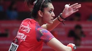 Manika Batra serves in the table tennis mixed doubles semi-final.(AFP)