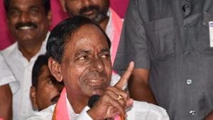 TRS leader K Chandrashekar Rao addresses the media after the party's victory in Assembly elections, in Hyderabad on December 11.(PTI Photo)