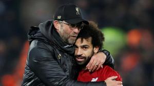 Liverpool manager Juergen Klopp celebrates with Mohamed Salah at the end of the match against Napoli.(Action Images via Reuters) Liverpool manager Juergen Klopp celebrates with Mohamed Salah at the end of the match against Napoli.(Action Images via Reuters)