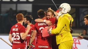 England's players celebrate after winning their quarter-final field hockey match between Argentina and England at the 2018 Hockey World Cup in Bhubaneswar.(AFP) England's players celebrate after winning their quarter-final field hockey match between Argentina and England at the 2018 Hockey World Cup in Bhubaneswar.(AFP)