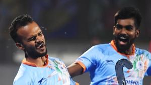 India's Lalit Upadhyay (L) celebrates after scoring a goal against Canada during the field hockey group stage match between India and Canada at the 2018 Hockey World Cup in Bhubaneswar on December 8, 2018.(AFP) India's Lalit Upadhyay (L) celebrates after scoring a goal against Canada during the field hockey group stage match between India and Canada at the 2018 Hockey World Cup in Bhubaneswar on December 8, 2018.(AFP)