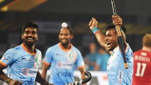 India's Amit Rohidas (R) celebrate after scoring a goal against Canada during the field hockey group stage match between India and Canada at the 2018 Hockey World Cup in Bhubaneswar on December 8, 2018.(AFP) India's Amit Rohidas (R) celebrate after scoring a goal against Canada during the field hockey group stage match between India and Canada at the 2018 Hockey World Cup in Bhubaneswar on December 8, 2018.(AFP)