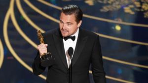 Leonardo DiCaprio accepts the award for best actor in a leading role for The Revenant at the Oscars.(Chris Pizzello/Invision/AP) Leonardo DiCaprio accepts the award for best actor in a leading role for The Revenant at the Oscars.(Chris Pizzello/Invision/AP)