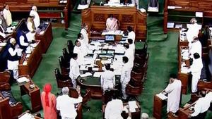 The Lok Sabha was on Wednesday adjourned for the day following protests by opposition members on various issues including the Rafale deal, construction of Ram Temple and Cauvery river water.(PTI)