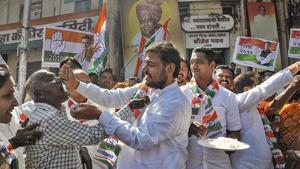 Congress party worker celebrate the party's good show in Assembly elections of Rajasthan, Chhattisgarh and Madhya Pradesh on Tuesday.(PTI) Congress party worker celebrate the party's good show in Assembly elections of Rajasthan, Chhattisgarh and Madhya Pradesh on Tuesday.(PTI)