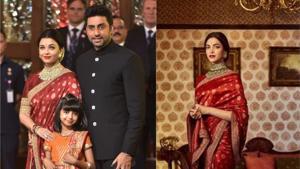 Aishwarya donned the stunning blood red saree to Isha Ambani’s wedding today and the actor completely owned the look. Hair tied in a bun using gajra, the actor completed the look with a heavy gold neck piece and earrings. Deepika, on the other hand, wore the same saree in October, possibly for a Sabyasachi photo shoot.(Reuters/Instagram) Aishwarya donned the stunning blood red saree to Isha Ambani’s wedding today and the actor completely owned the look. Hair tied in a bun using gajra, the actor completed the look with a heavy gold neck piece and earrings. Deepika, on the other hand, wore the same saree in October, possibly for a Sabyasachi photo shoot.(Reuters/Instagram)